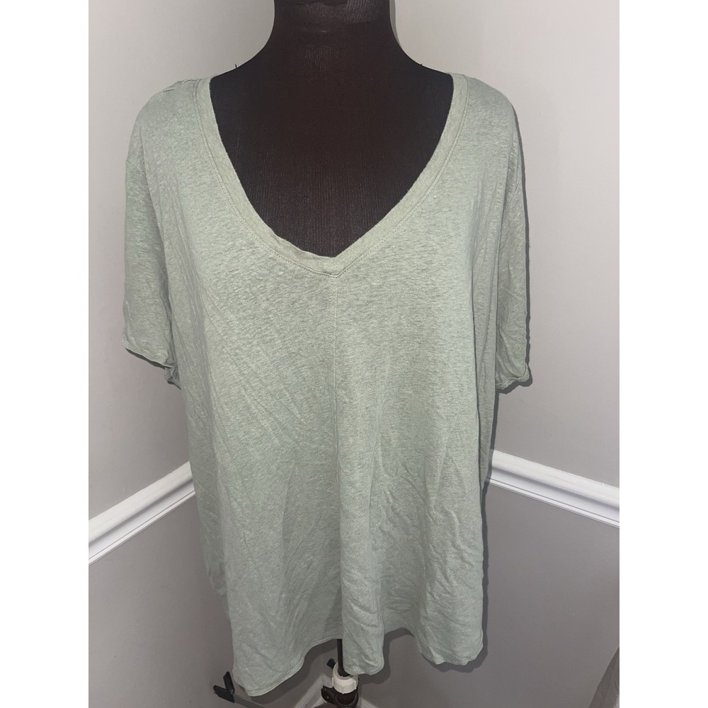 Tahari Sage Green V Neck Linen Blend Shirt Plus Size 3X